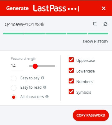 LastPass - generate password dialogue box